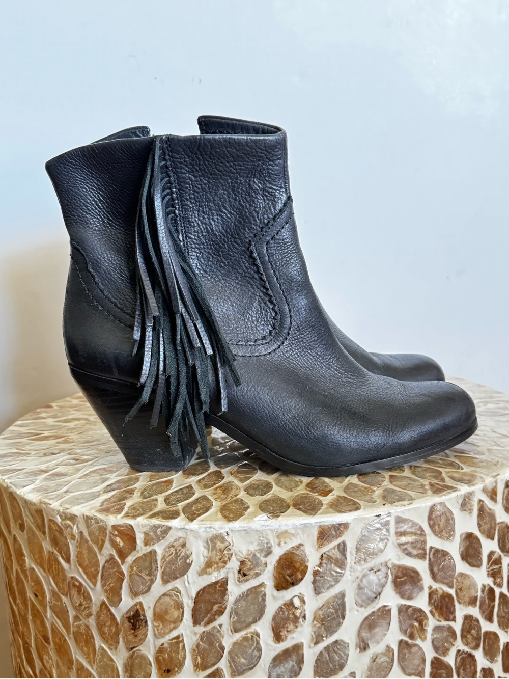 Sam Edelman Black Louie Fringe Leather Ankle Boots size 8.5